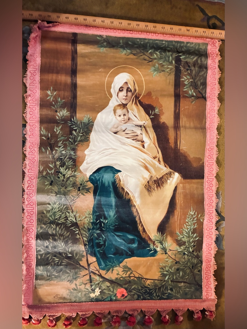 Antique “Madonna Of The Olive Tree “ Oleographic Lithograph Canvas Wall Hanging